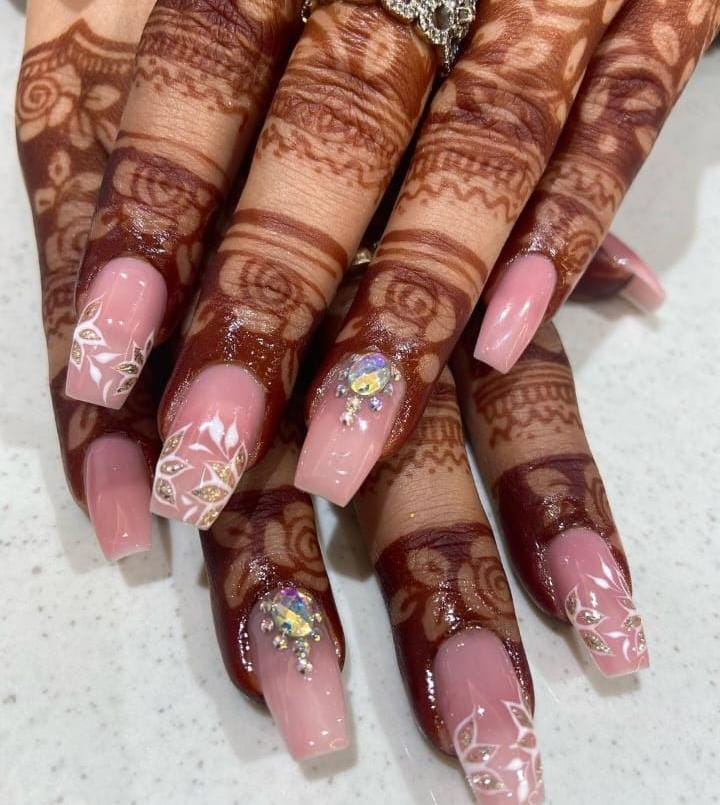 Brush & stone work for bridal nail art